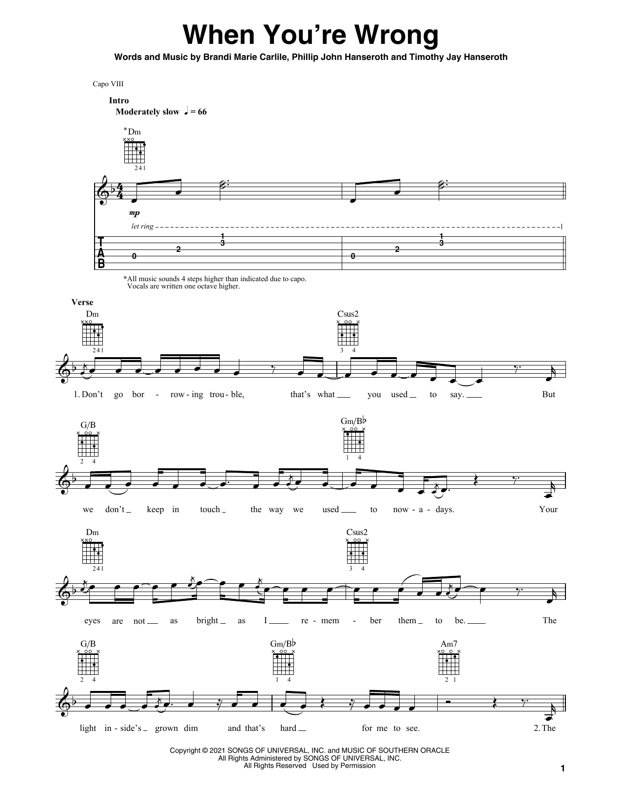 Brandi Carlile When You're Wrong sheet music notes and chords arranged for Solo Guitar