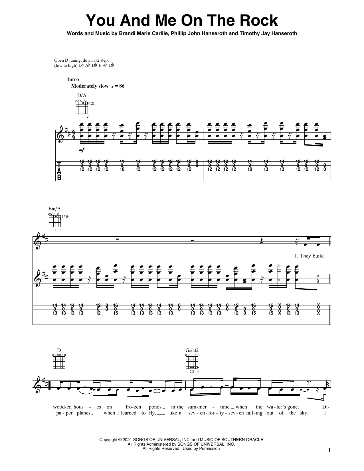 Brandi Carlile You And Me On The Rock (feat. Lucius) sheet music notes and chords arranged for Solo Guitar
