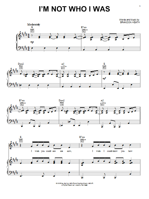 Brandon Heath I'm Not Who I Was sheet music notes and chords arranged for Piano, Vocal & Guitar Chords (Right-Hand Melody)