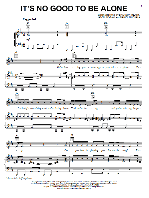 Brandon Heath It's No Good To Be Alone sheet music notes and chords arranged for Piano, Vocal & Guitar Chords (Right-Hand Melody)