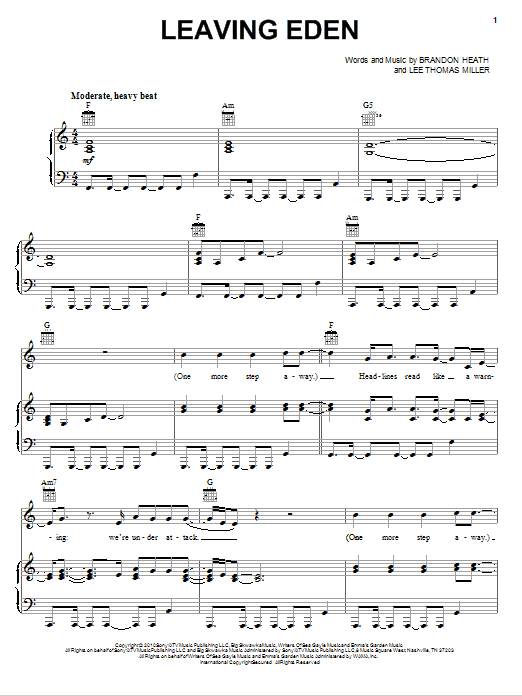 Brandon Heath Leaving Eden sheet music notes and chords arranged for Piano, Vocal & Guitar Chords (Right-Hand Melody)