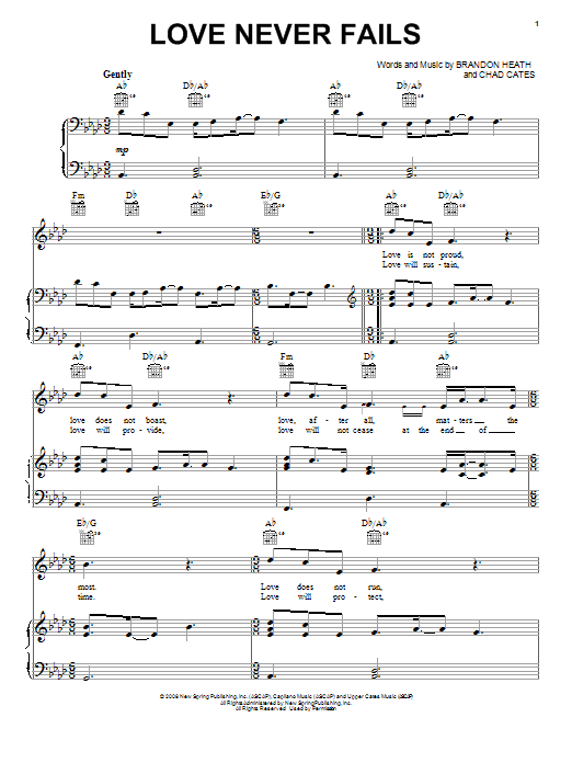 Brandon Heath Love Never Fails sheet music notes and chords arranged for Piano & Vocal