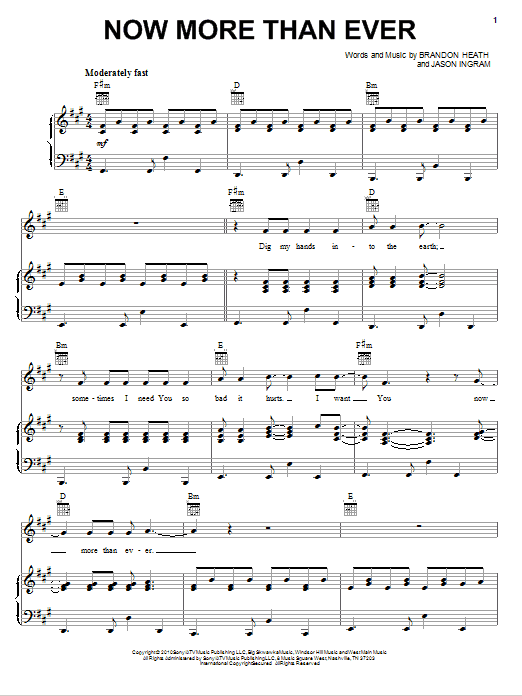 Brandon Heath Now More Than Ever sheet music notes and chords arranged for Piano, Vocal & Guitar Chords (Right-Hand Melody)