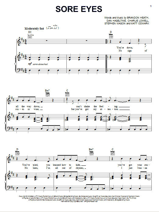 Brandon Heath Sore Eyes sheet music notes and chords arranged for Piano, Vocal & Guitar Chords (Right-Hand Melody)