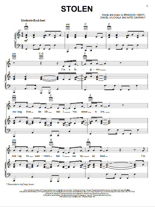 Brandon Heath Stolen sheet music notes and chords arranged for Piano, Vocal & Guitar Chords (Right-Hand Melody)