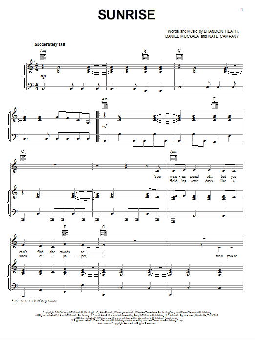 Brandon Heath Sunrise sheet music notes and chords arranged for Piano, Vocal & Guitar Chords (Right-Hand Melody)