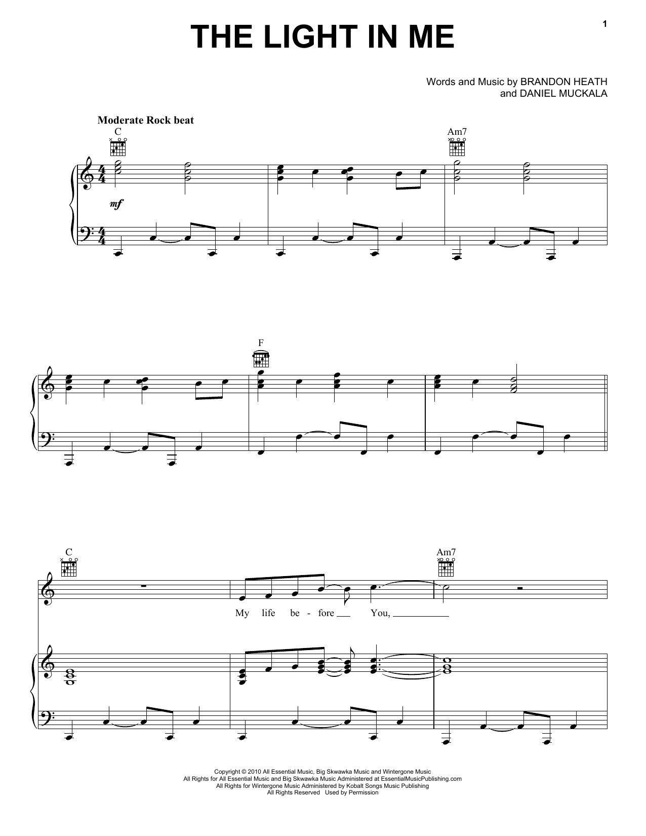 Brandon Heath The Light In Me sheet music notes and chords arranged for Piano, Vocal & Guitar Chords (Right-Hand Melody)