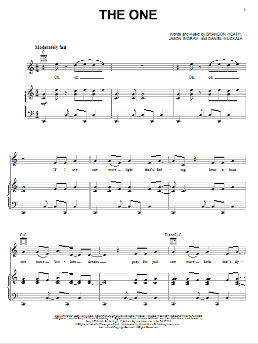 Brandon Heath The One sheet music notes and chords arranged for Piano, Vocal & Guitar Chords (Right-Hand Melody)