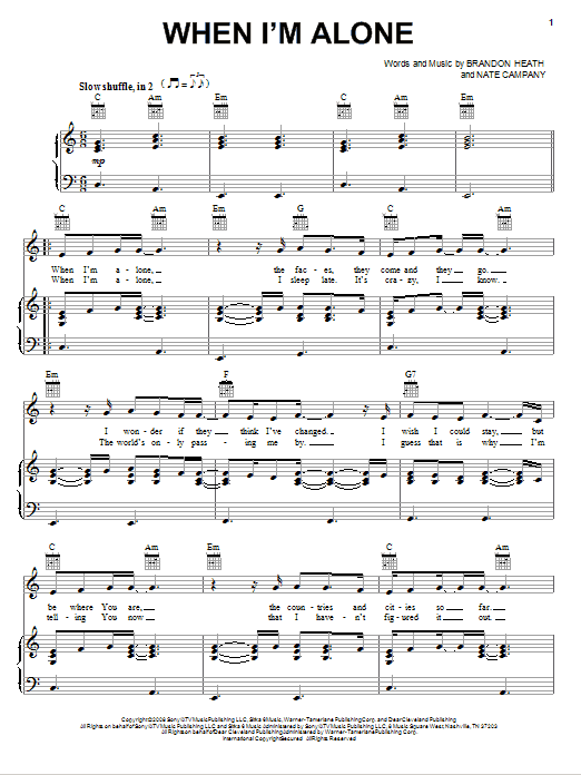 Brandon Heath When I'm Alone sheet music notes and chords arranged for Piano, Vocal & Guitar Chords (Right-Hand Melody)