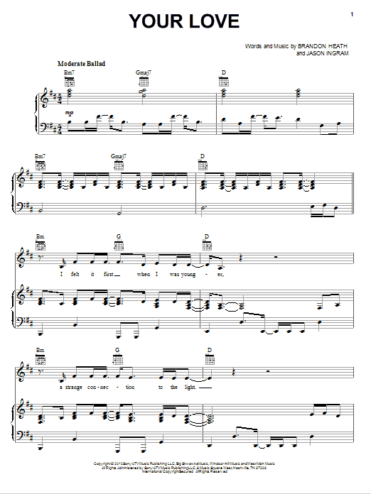 Brandon Heath Your Love sheet music notes and chords arranged for Piano, Vocal & Guitar Chords (Right-Hand Melody)