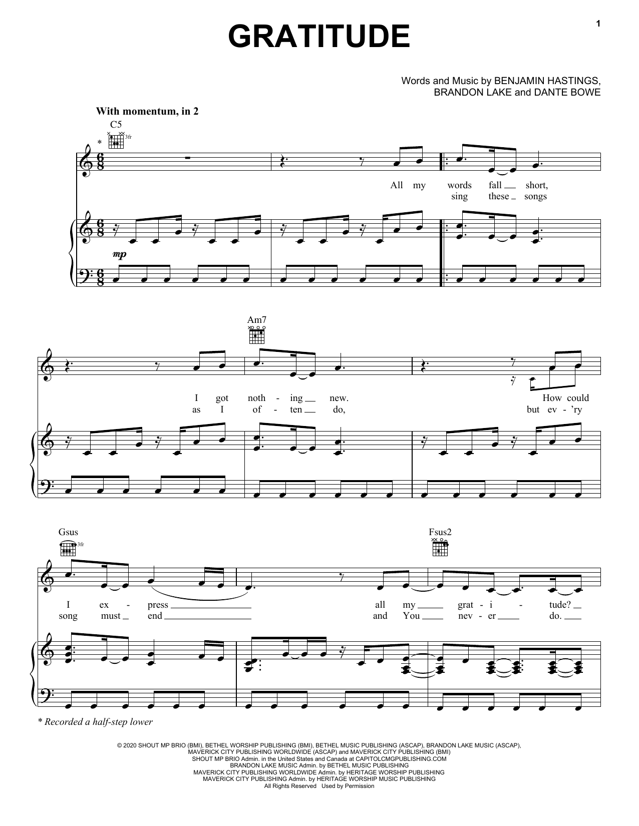 Brandon Lake Gratitude sheet music notes and chords arranged for Piano, Vocal & Guitar Chords (Right-Hand Melody)