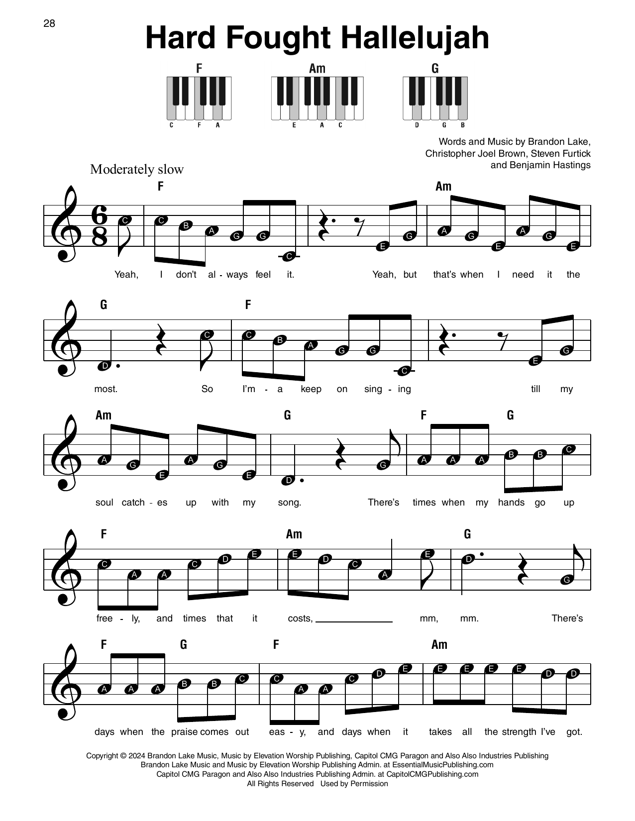 Brandon Lake Hard Fought Hallelujah (feat. Jelly Roll) sheet music notes and chords arranged for Super Easy Piano