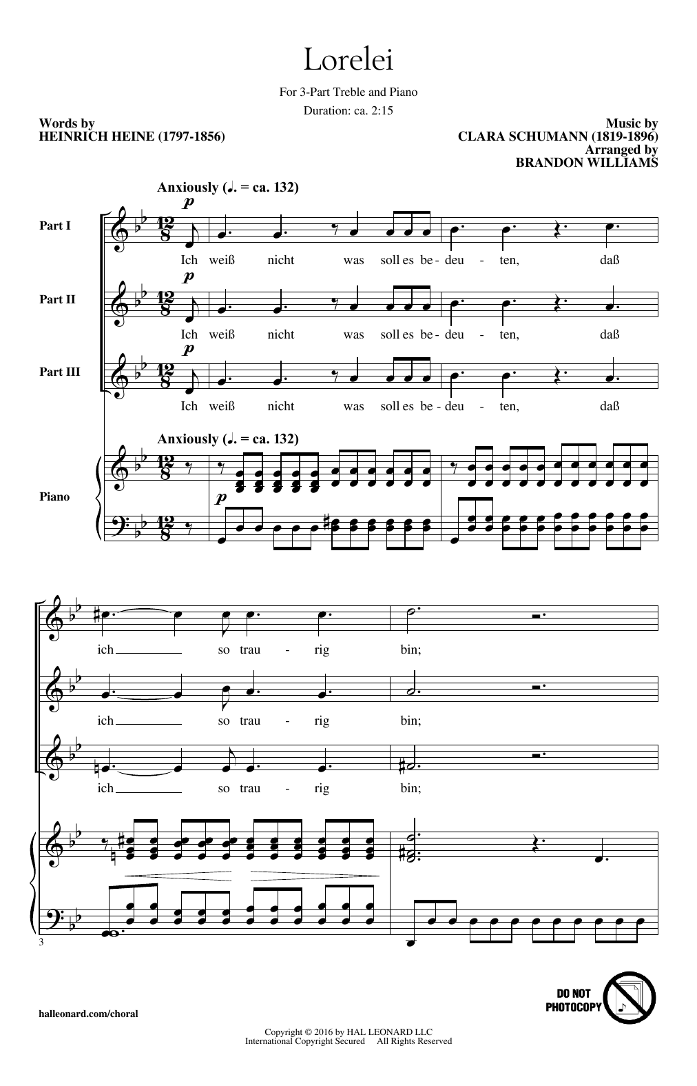 Brandon Williams Lorelei sheet music notes and chords arranged for 3-Part Treble Choir