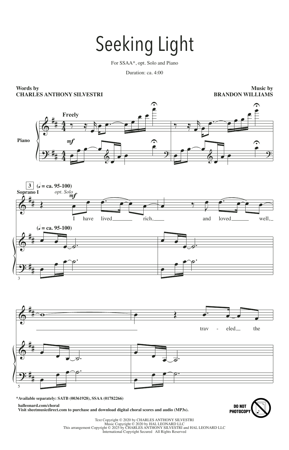 Brandon Williams Seeking Light sheet music notes and chords arranged for SSAA Choir