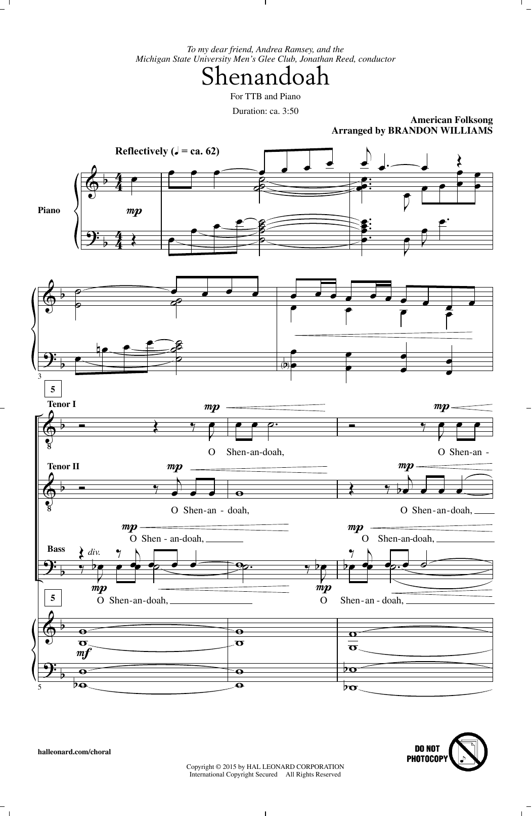 Brandon Williams Shenandoah sheet music notes and chords arranged for TTBB Choir