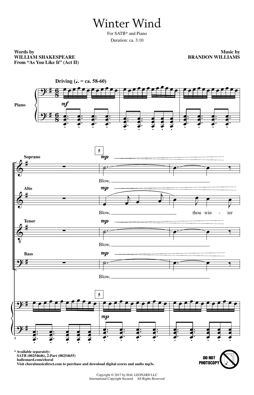 Brandon Williams Winter Wind sheet music notes and chords arranged for SATB Choir