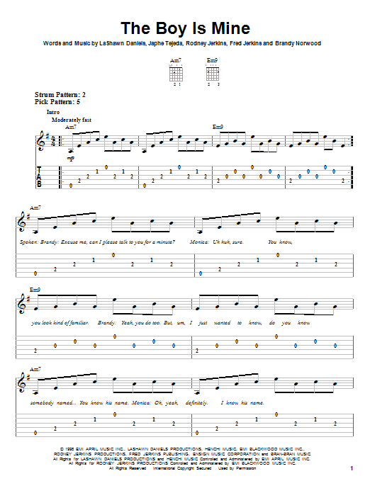 Brandy & Monica The Boy Is Mine sheet music notes and chords arranged for Easy Guitar Tab
