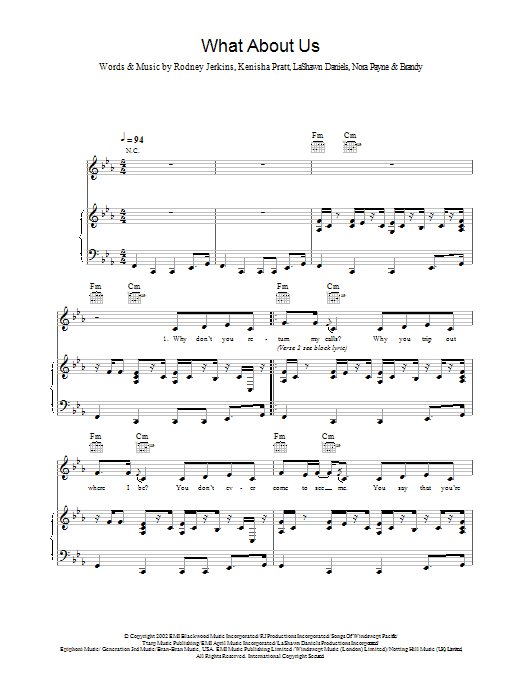 Brandy What About Us sheet music notes and chords arranged for Piano, Vocal & Guitar Chords