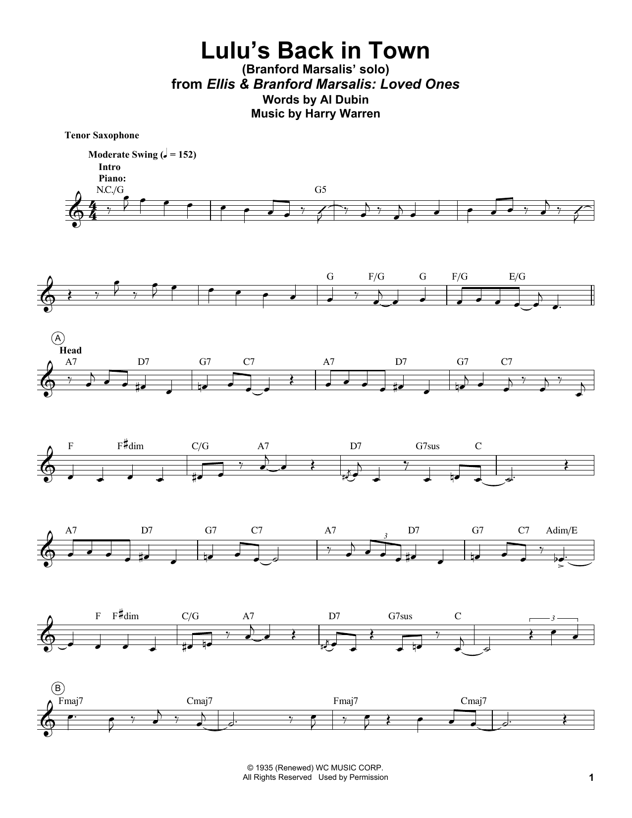 Branford Marsalis Lulu's Back In Town sheet music notes and chords arranged for Tenor Sax Transcription