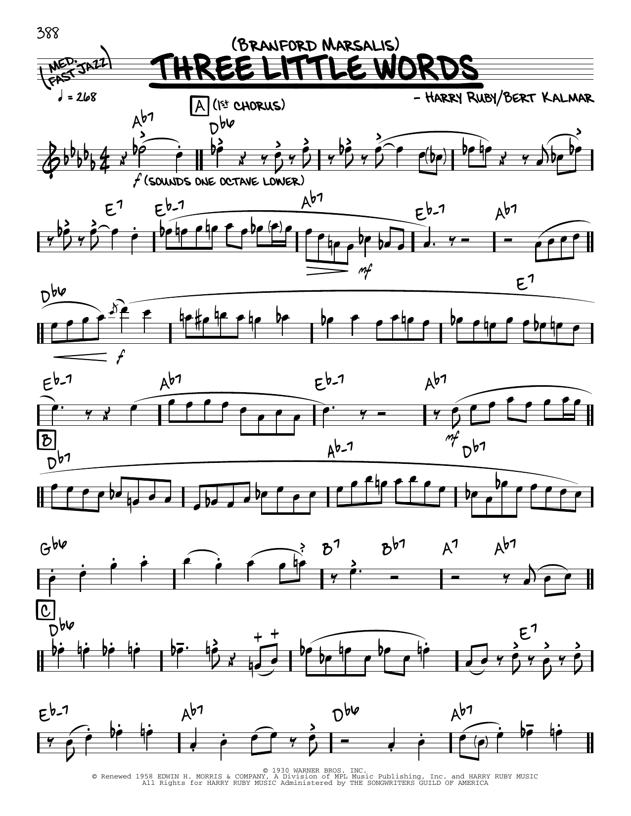 Branford Marsalis Three Little Words (solo only) sheet music notes and chords arranged for Real Book – Melody & Chords