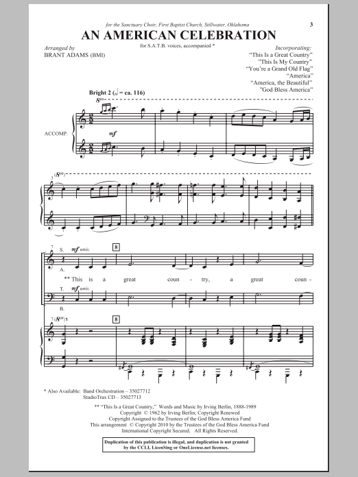 Brant Adams An American Celebration sheet music notes and chords arranged for SATB Choir