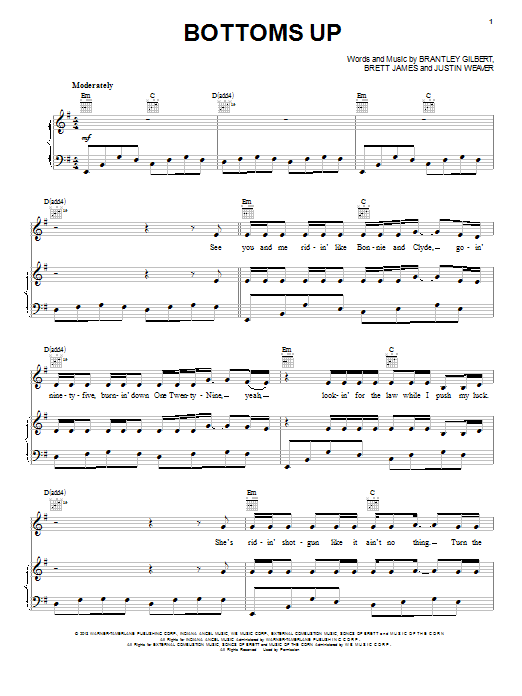 Brantley Gilbert Bottoms Up sheet music notes and chords arranged for Piano, Vocal & Guitar Chords (Right-Hand Melody)