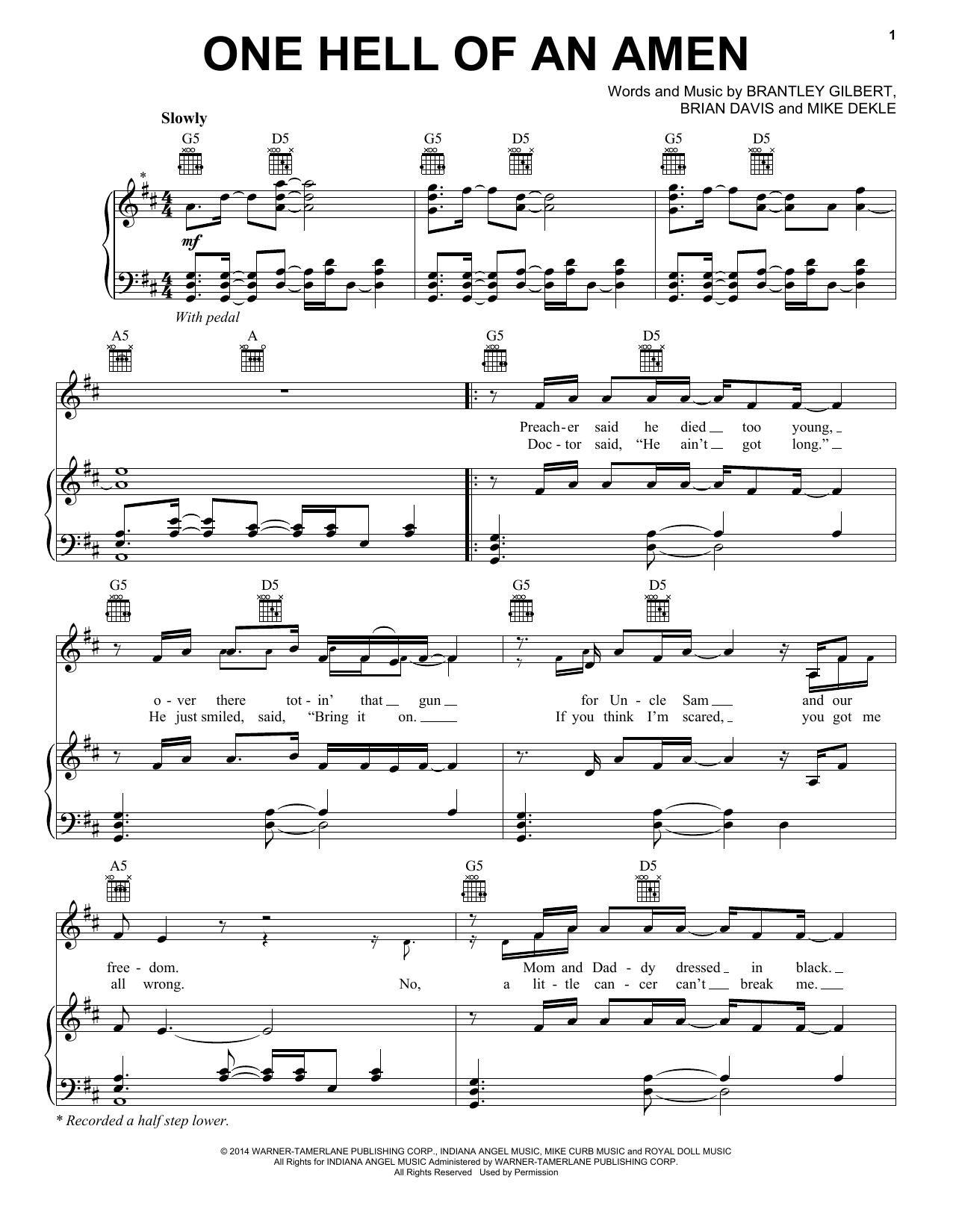Brantley Gilbert One Hell Of An Amen sheet music notes and chords arranged for Piano, Vocal & Guitar Chords (Right-Hand Melody)