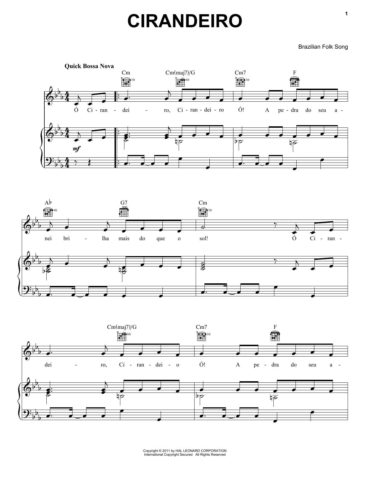 Brazilian Folk Song Cirandeiro sheet music notes and chords arranged for Piano, Vocal & Guitar Chords (Right-Hand Melody)