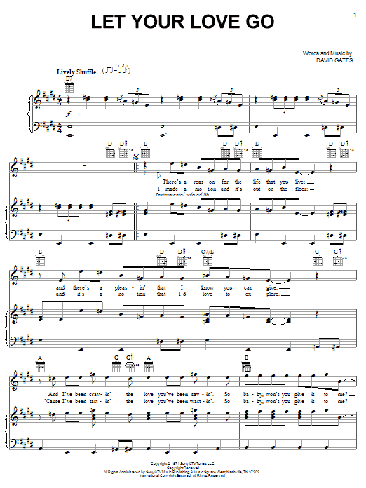 Bread Let Your Love Go sheet music notes and chords arranged for Piano, Vocal & Guitar Chords (Right-Hand Melody)