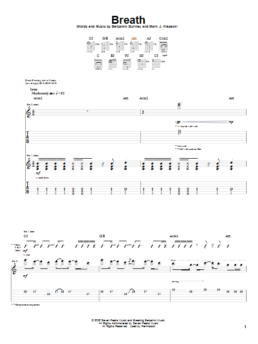 Breaking Benjamin Breath sheet music notes and chords arranged for Guitar Tab
