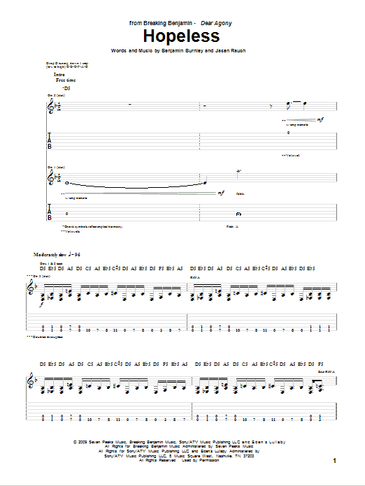 Breaking Benjamin Hopeless sheet music notes and chords arranged for Guitar Tab