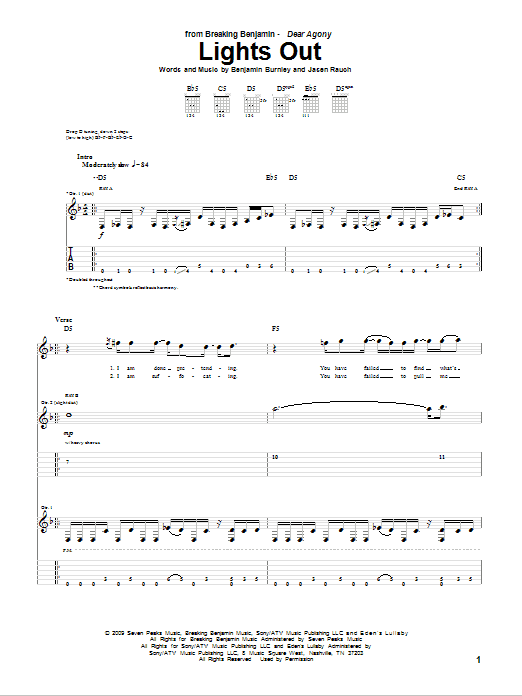 Breaking Benjamin Lights Out sheet music notes and chords arranged for Guitar Tab