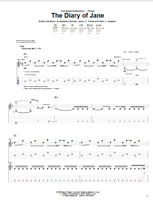 Breaking Benjamin The Diary Of Jane sheet music notes and chords arranged for Guitar Tab