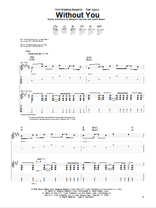 Breaking Benjamin Without You sheet music notes and chords arranged for Guitar Tab