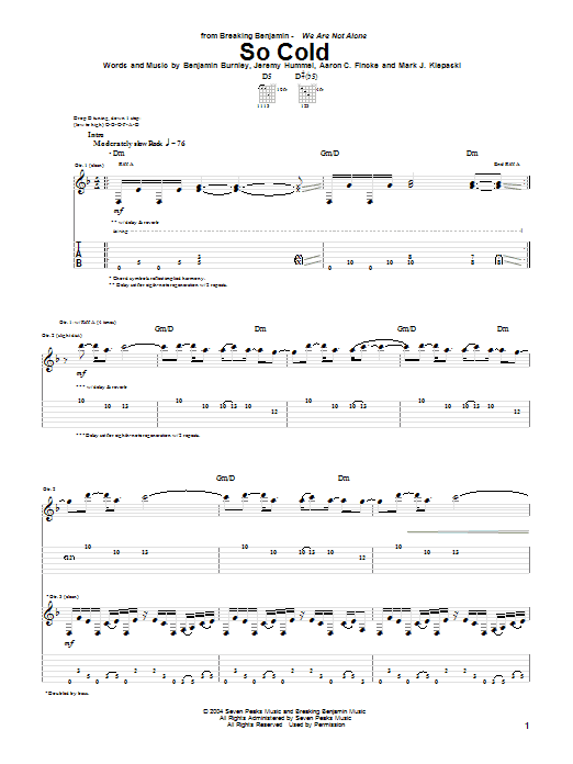 Breaking Benjamin So Cold sheet music notes and chords arranged for Guitar Tab