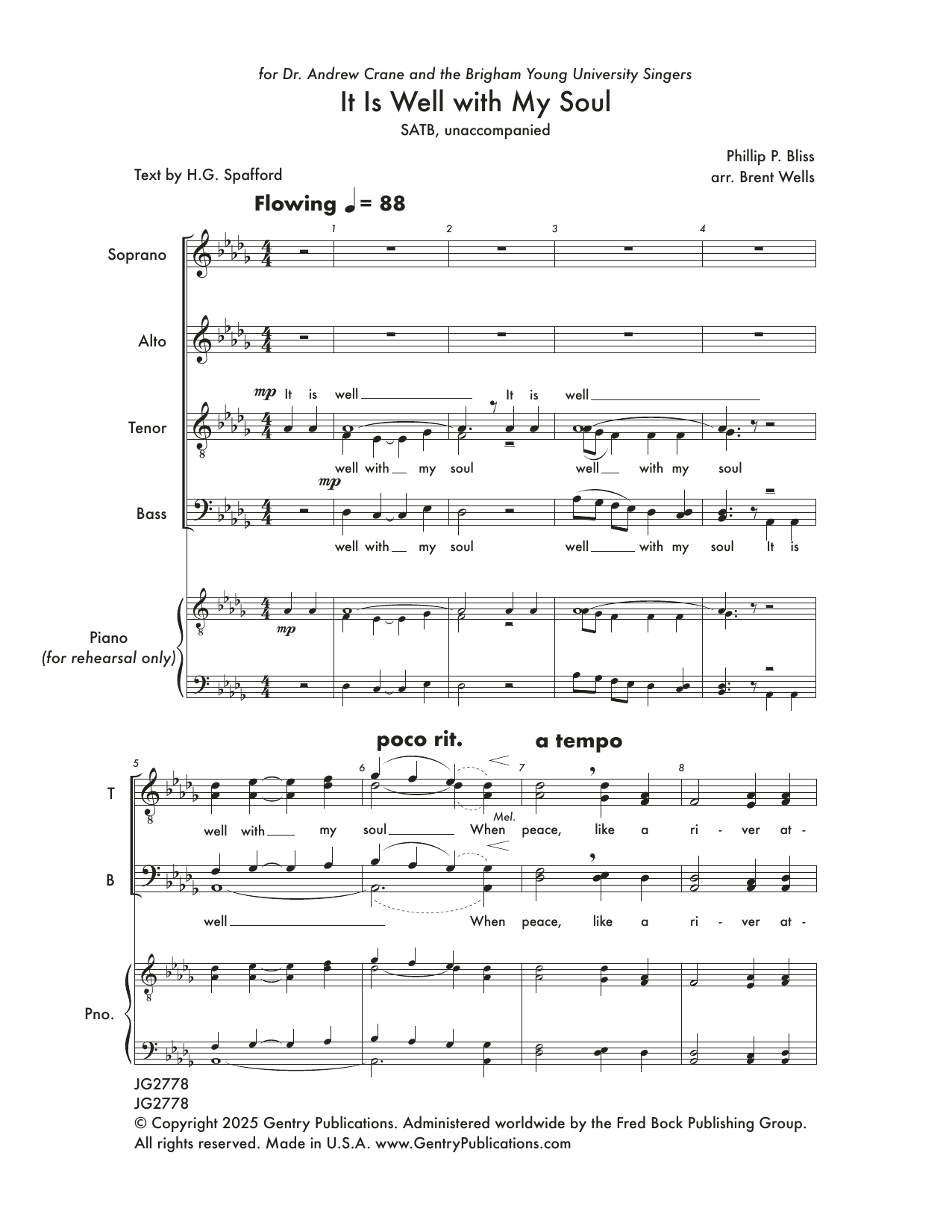 Bren Wells It Is Well With My Soul sheet music notes and chords arranged for SSATB Choir