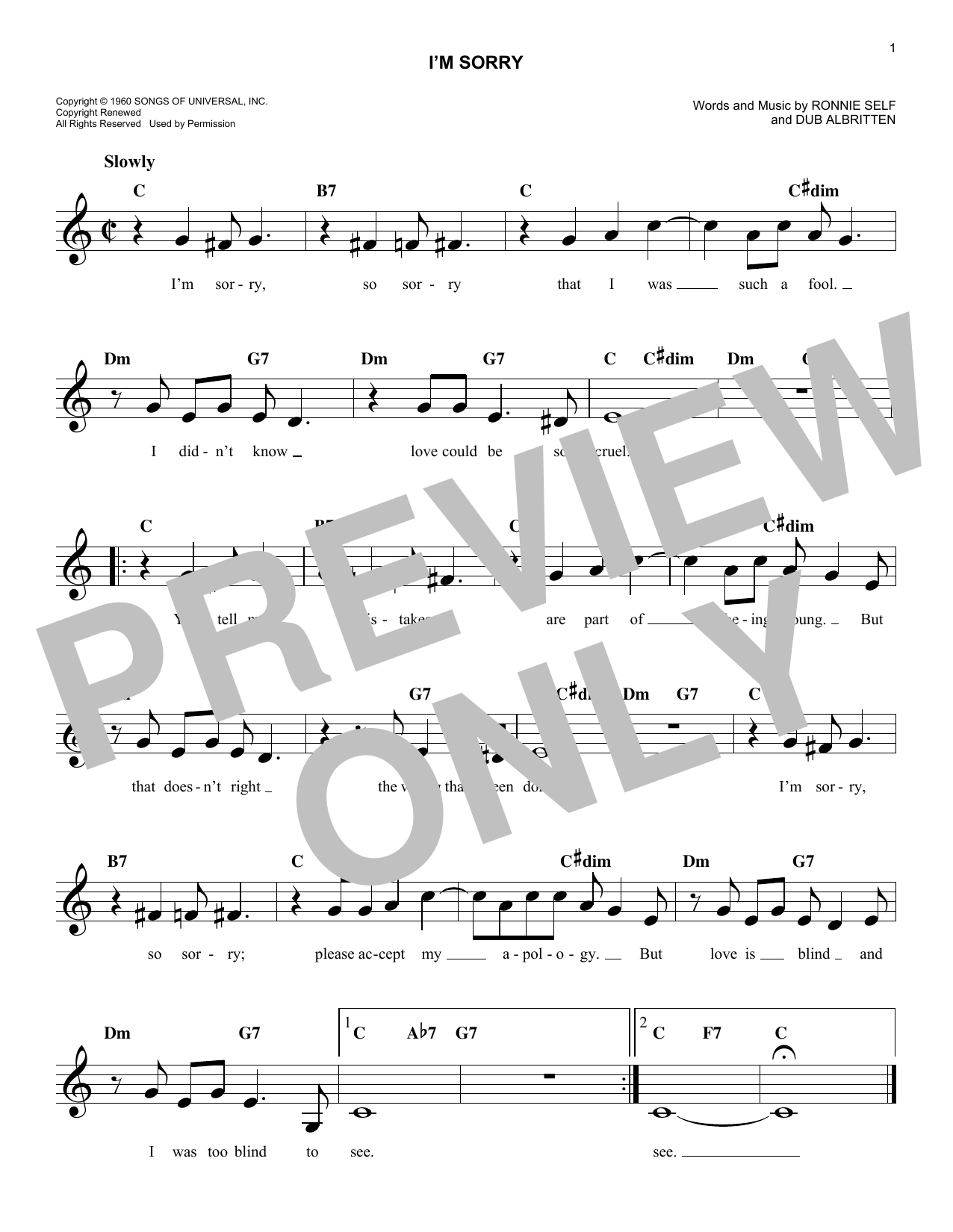 Brenda Lee I'm Sorry sheet music notes and chords arranged for Piano, Vocal & Guitar Chords (Right-Hand Melody)
