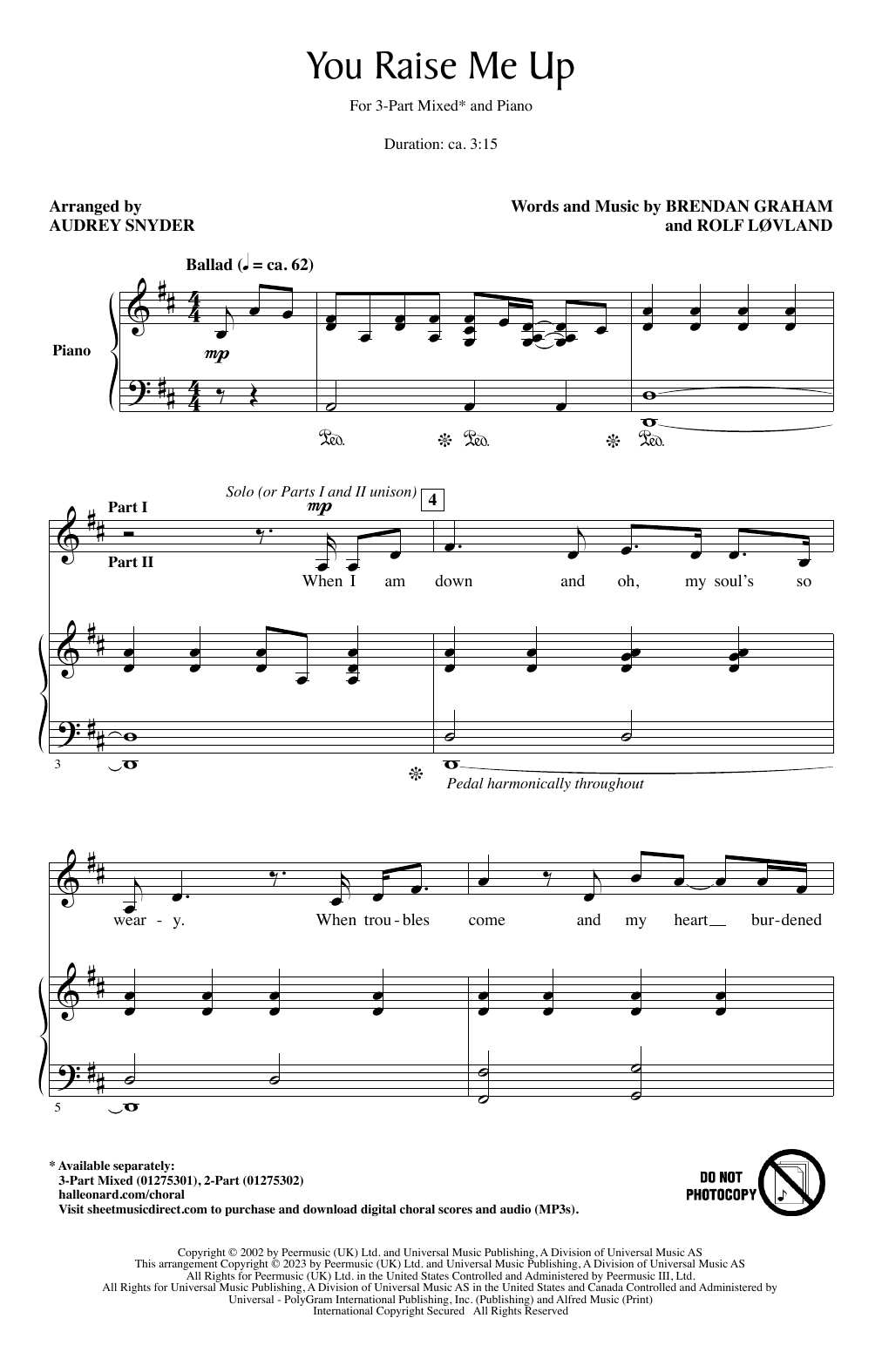 Brendan Graham and Rolf Lovland You Raise Me Up (arr. Audrey Snyder) sheet music notes and chords arranged for 2-Part Choir