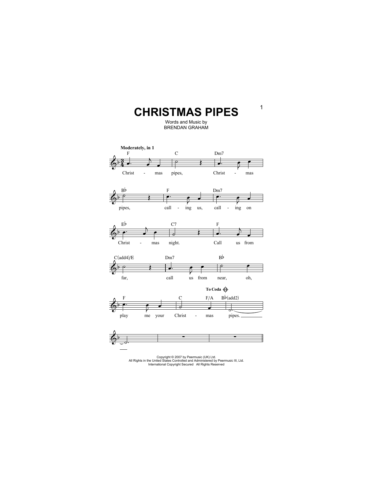 Brendan Graham Christmas Pipes sheet music notes and chords arranged for Lead Sheet / Fake Book