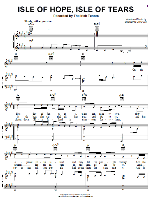 Brendan Graham Isle Of Hope, Isle Of Tears sheet music notes and chords arranged for Piano, Vocal & Guitar Chords (Right-Hand Melody)