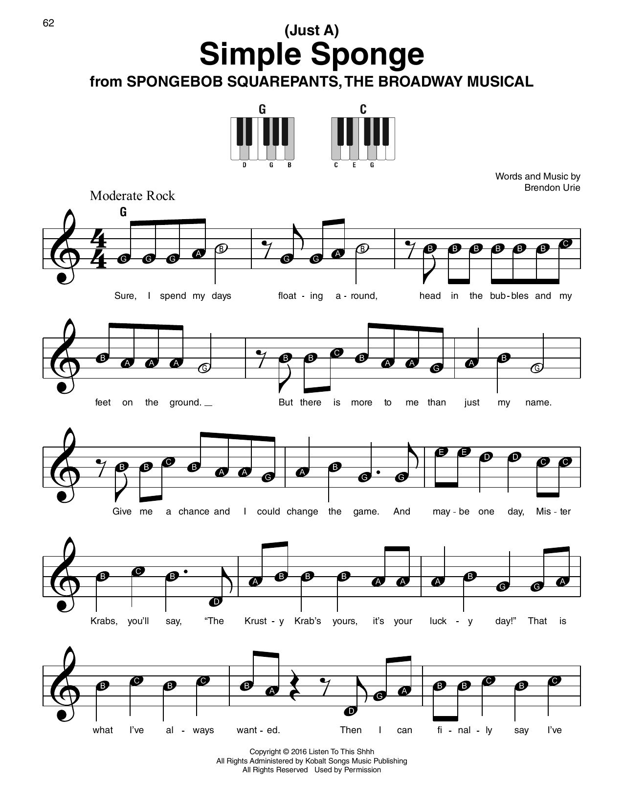 Brendon Urie (Just A) Simple Sponge (from Spongebob Squarepants: The Broadway Musical) sheet music notes and chords arranged for Super Easy Piano