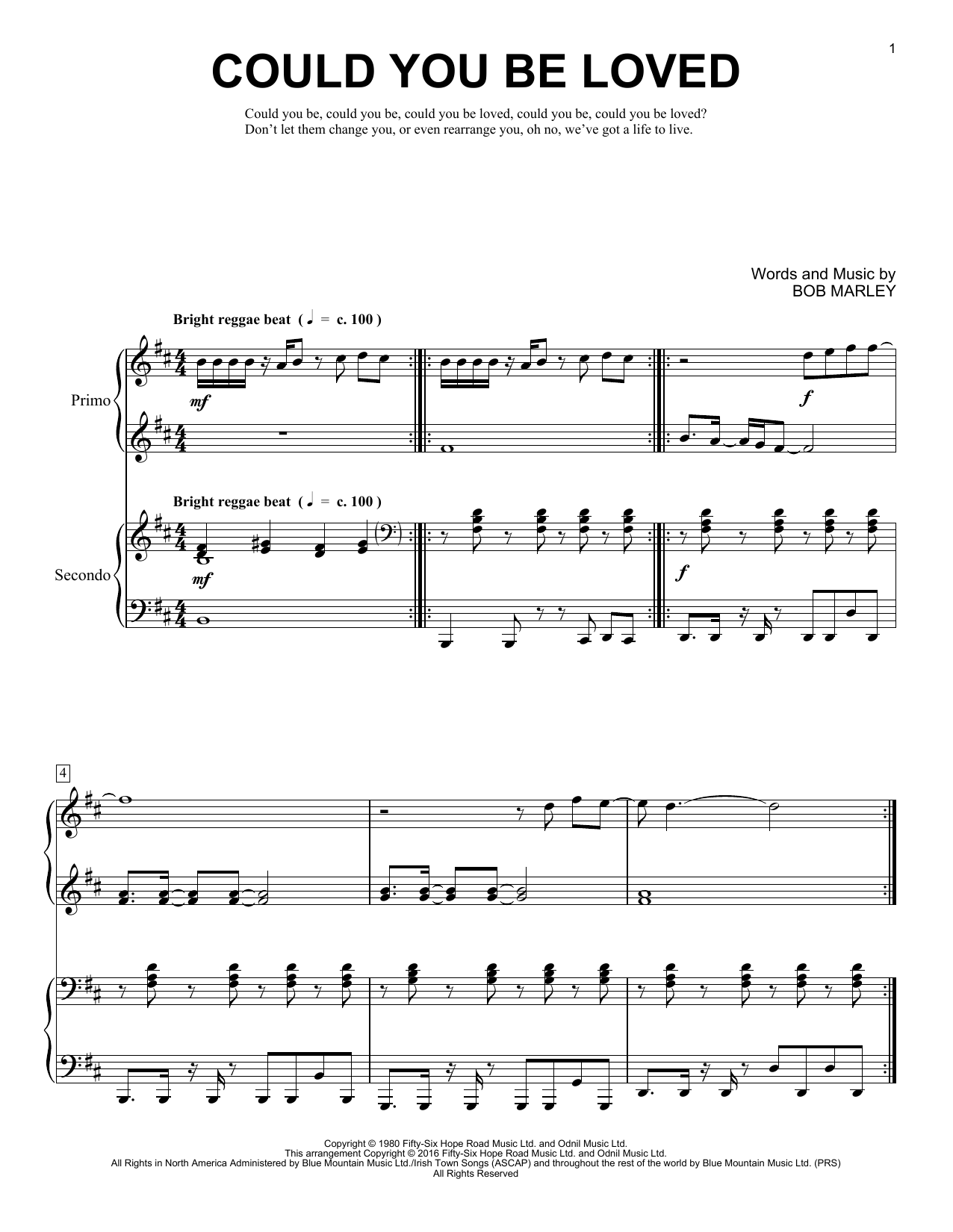 Brent Edstrom Could You Be Loved sheet music notes and chords arranged for Piano Duet