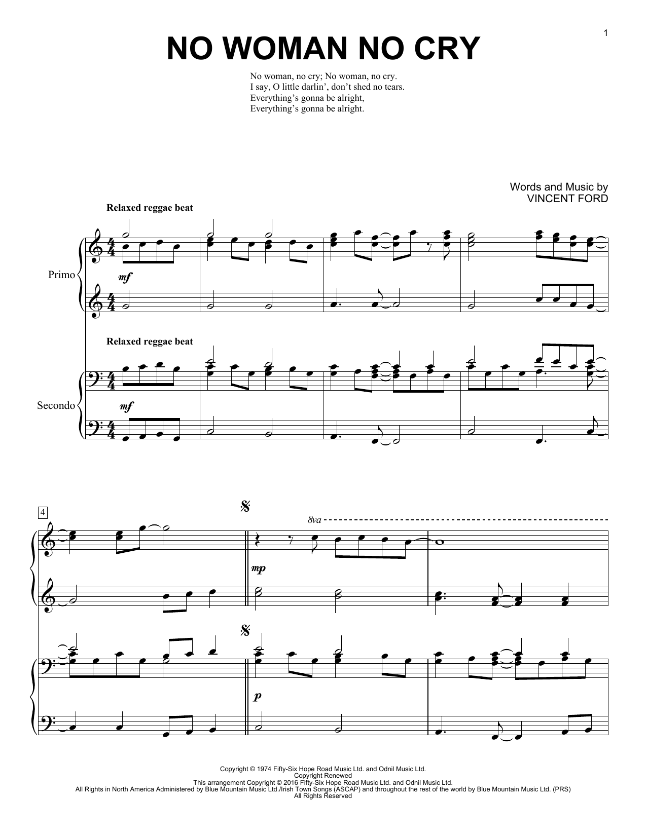 Brent Edstrom No Woman No Cry sheet music notes and chords arranged for Piano Duet