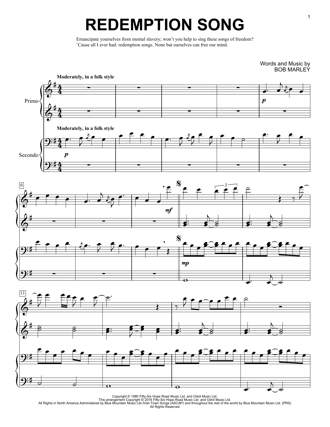 Brent Edstrom Redemption Song sheet music notes and chords arranged for Piano Duet