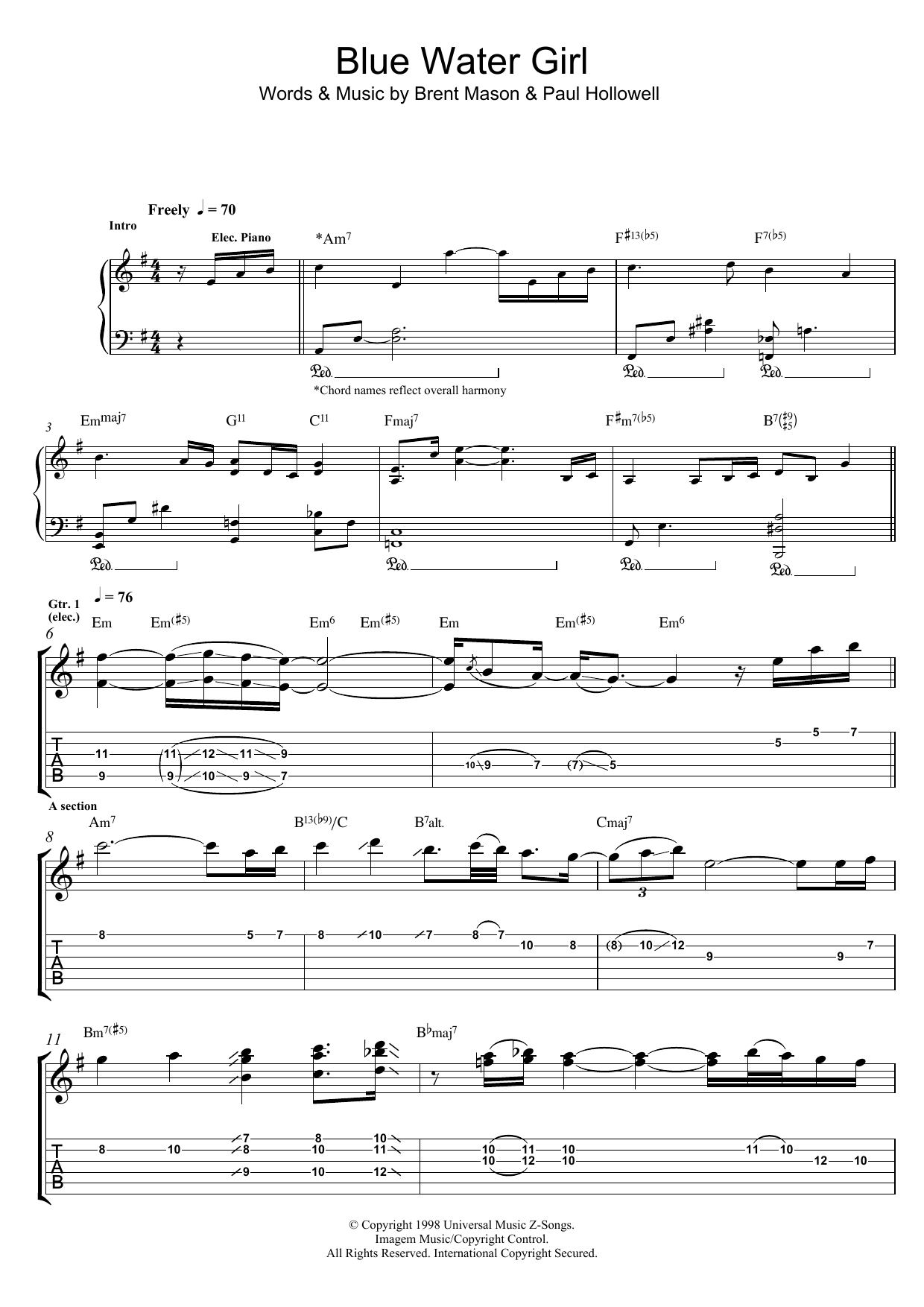 Brent Mason Blue Water Girl sheet music notes and chords arranged for Guitar Tab