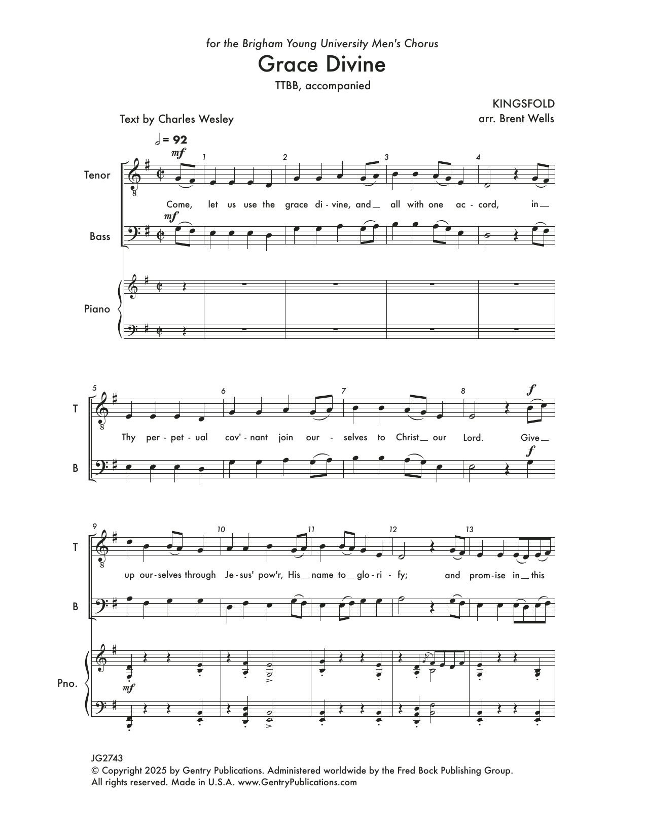 Brent Wells Grace Divine sheet music notes and chords arranged for TTBB Choir