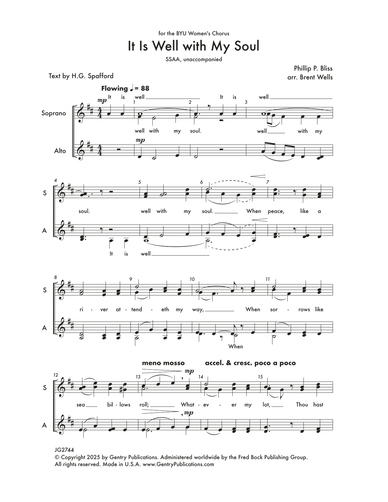 Brent Wells It Is Well With My Soul sheet music notes and chords arranged for SSAA Choir