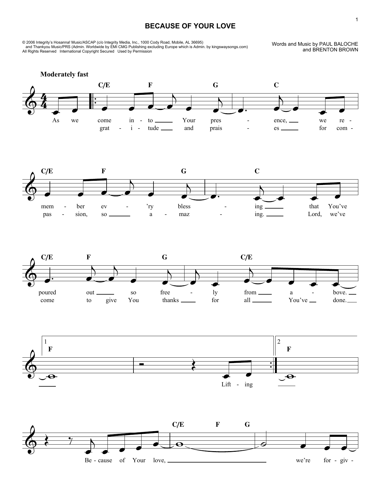 Brenton Brown Because Of Your Love sheet music notes and chords arranged for Easy Lead Sheet / Fake Book