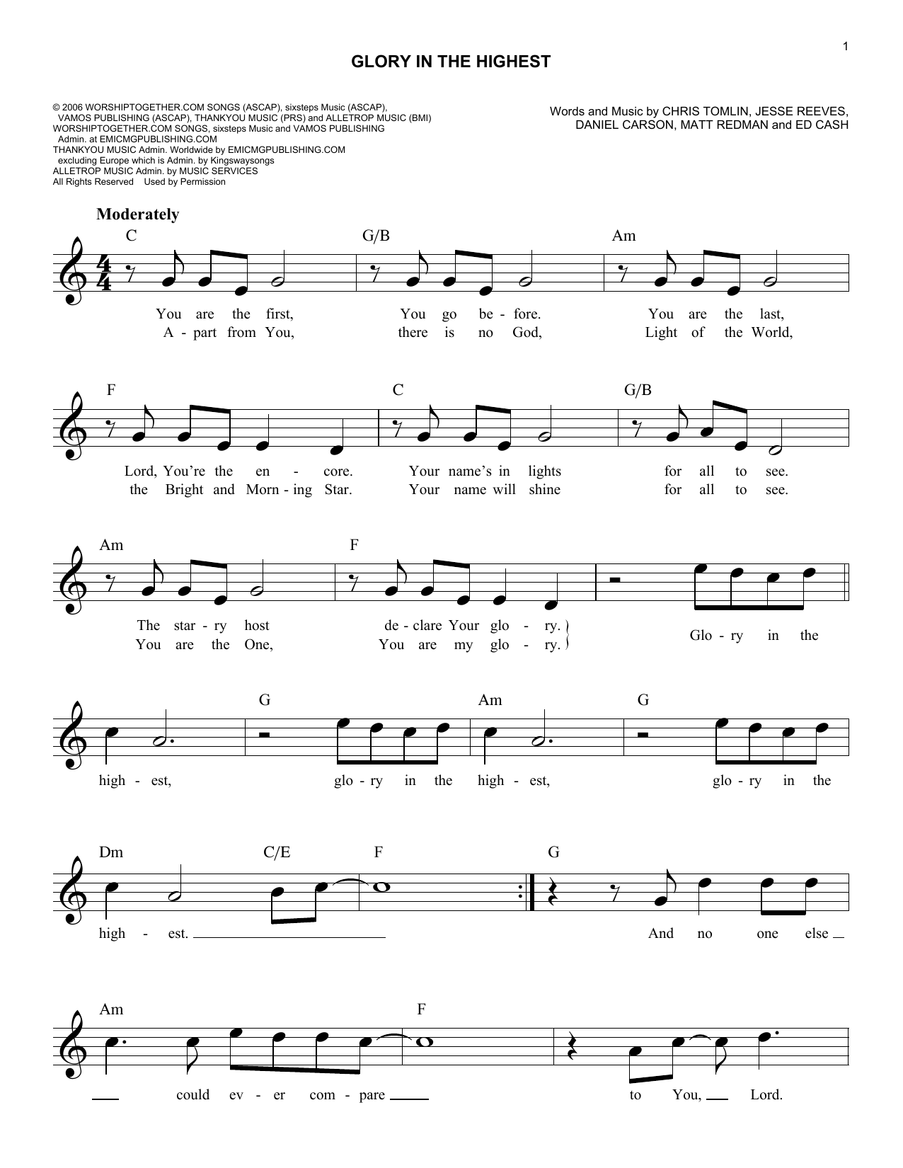 Brenton Brown Glory In The Highest sheet music notes and chords arranged for Lead Sheet / Fake Book
