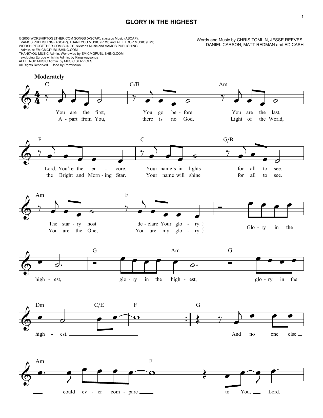 Brenton Brown Glory In The Highest sheet music notes and chords arranged for Easy Lead Sheet / Fake Book